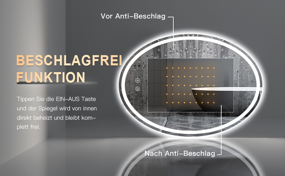 Дзеркало для ванної кімнати Dripex з підсвічуванням LED, сенсорне керування, регулювання яскравості, 3 кольори світла, антизапарник, овальне, 50 x 70 см