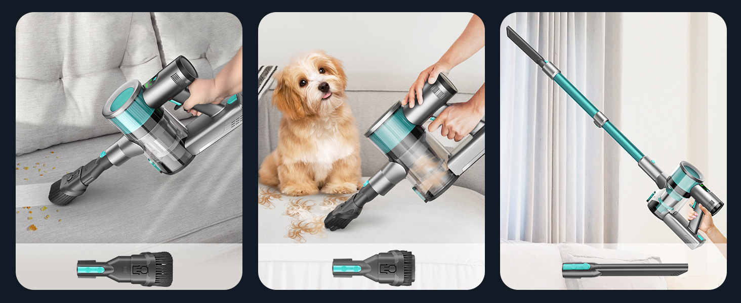 Бездротовий пилосос Dzaki 45000Pa з акумулятором, дисплеєм та антизаплутувальною насадкою для твердих поверхонь, килимів, шерсті тварин та авто (блакитний)