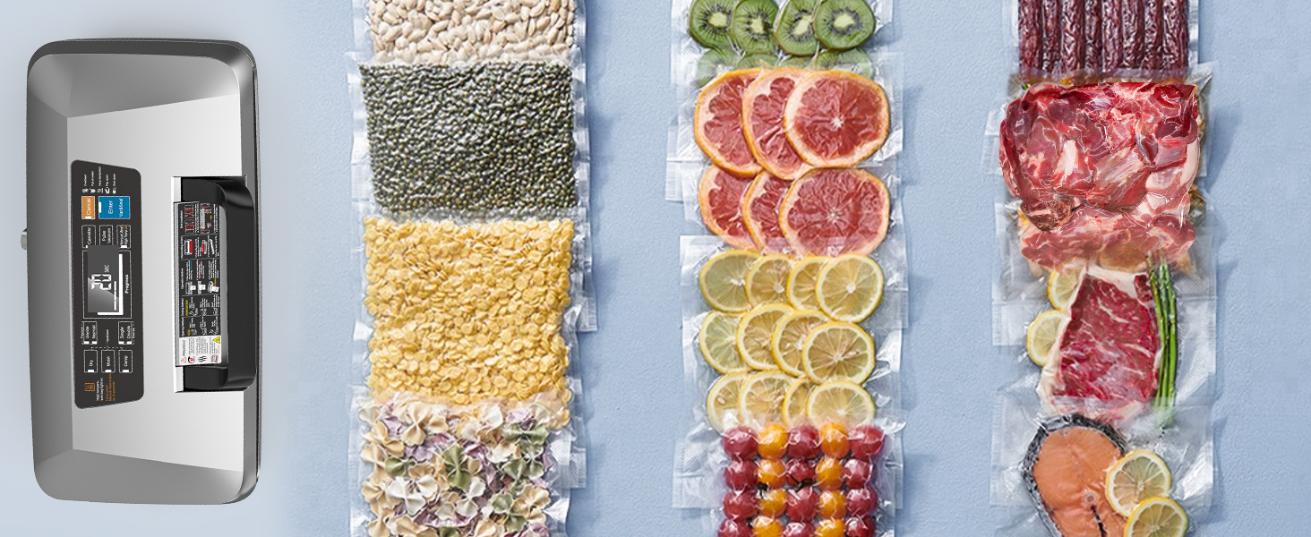 Професійний вакууматор для продуктів 12-в-1, 95кПа, з функцією безперервного вакуумування та подвійним швом, сріблястий (комплект: 1 рулон та 10 пакетів)