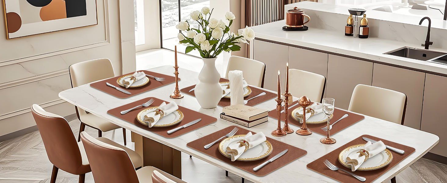 Набір підставок під тарілки 6 шт., неслизькі, миючіся, з кожній стороні, з штучної шкіри, термостійкі, 40 x 30 см (коричневі)