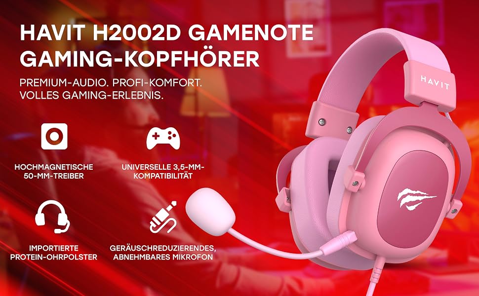 Ігрова гарнітура Havit H2002D GAMENOTE з мікрофоном, 50-мм драйвери, об'ємний звук, для PS4, Xbox, PC та ноутбука, рожева