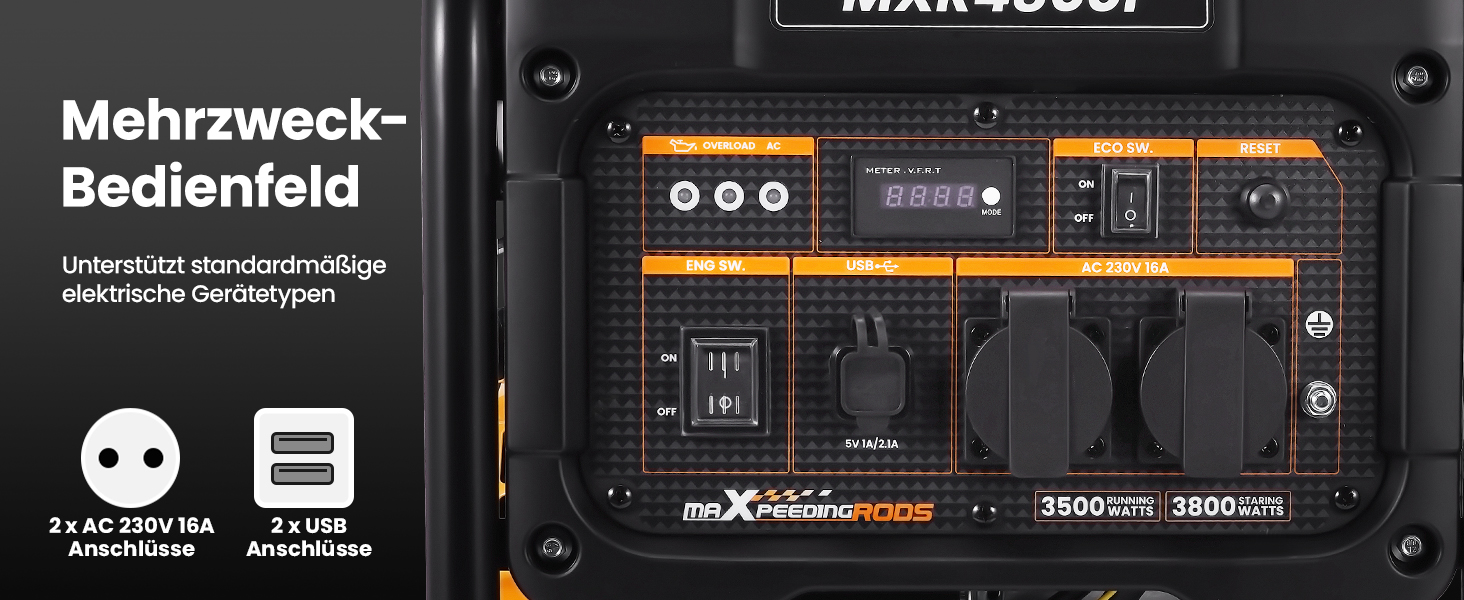 Бензиновий інверторний генератор maXpeedingrods 3800Вт з двома розетками 230В та USB-портом