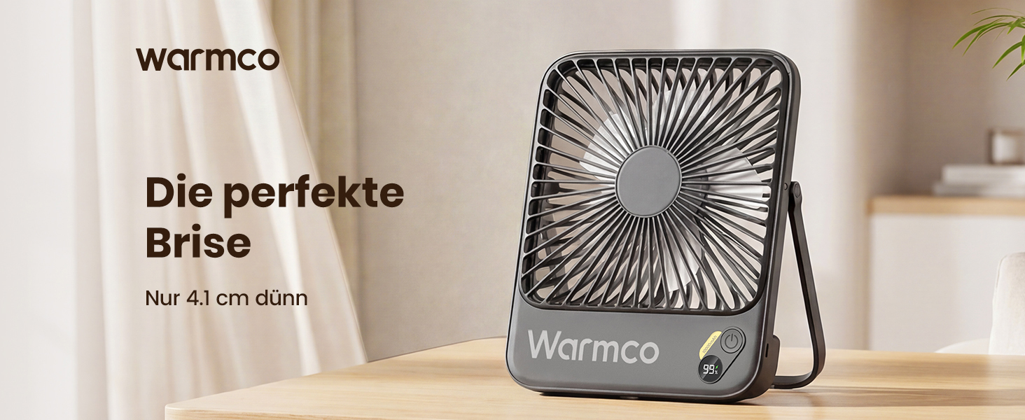 Вентилятор акумуляторний Warmco 10000mAh 21 см, до 24 год, чорний - для офісу, подорожей, спальні