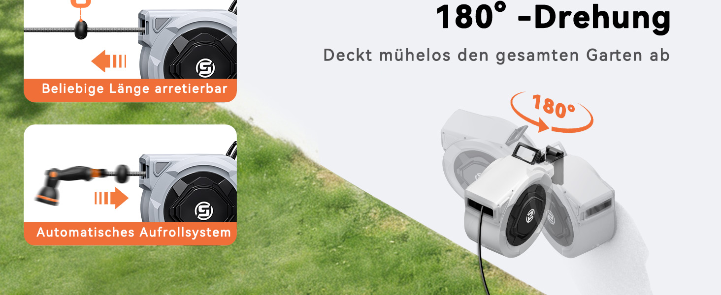 Шланговий барабан SUNPOW настінний 30м для саду, тераси та двору. Автоматичний намотувач, поворотна стійка 180°, 10 функцій розпилення, діаметр 16 мм.