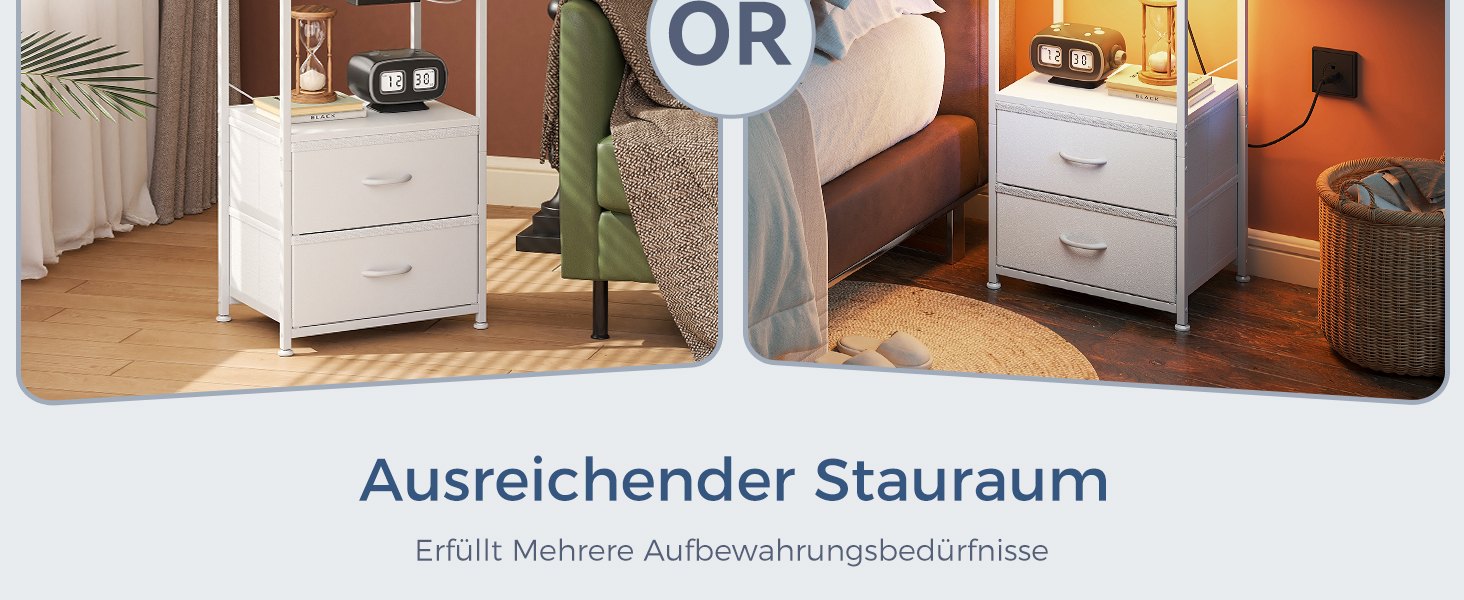 Приліжкова тумбочка Coleshome біла з USB, розеткою та LED-підсвіткою, 2 висувні ящики та полиця, для невеликих спалень, 40x30x60 см, в упаковці 1 шт.