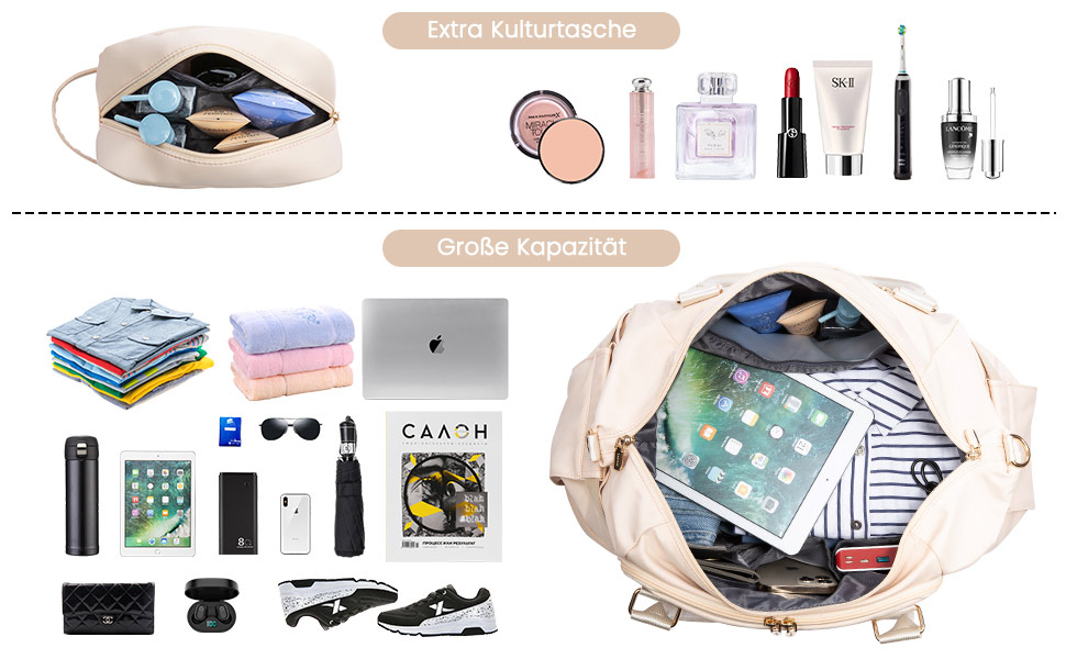 Спортивна сумка Lovevook для подорожей: жіноча дорожня сумка-шопер, сумка для вихідних з косметичкою, відділенням для взуття та мокрих речей, водонепроникна, 37л, бежева