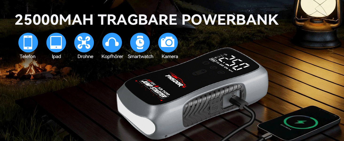 Бустер для авто 6000A Jump Starter Powerbank 20000mAh з компресором та LED-ліхтарем (до 10.0L бензин / 8.0L дизель)