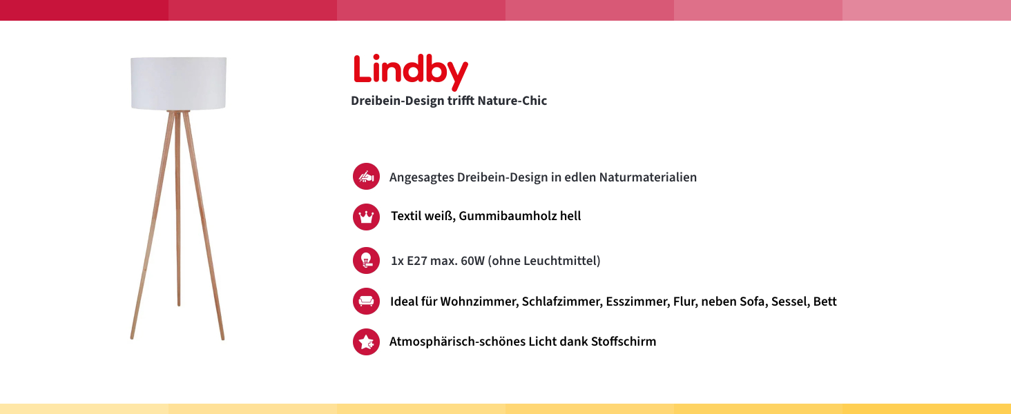 Торшер зі штатива Lindby, тканина біла, світле дерево, ножний перемикач, E27 макс. 60 Вт, без лампочки