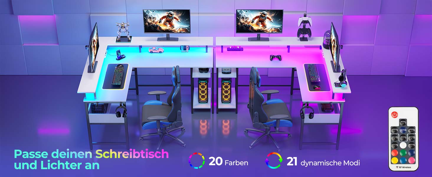 Ігровий стіл Rolanstar L-подібної форми з LED-підсвічуванням та розеткою, 137 x 108 см, комп'ютерний стіл з підставкою для монітора та місцем для зберігання, реверсивний кутовий стіл для офісу, домашнього офісу (Білий)