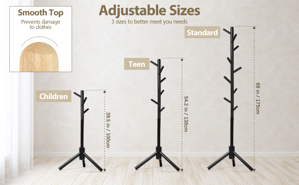 Підставка для одягу з бука, 9 гачків, 3 положення по висоті, для шапок, шарфів, сумок (білий/чорний)