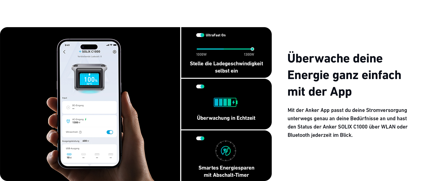 Anker SOLIX C1000 - Портативна електростанція, LiFePO4, 1800W, Швидка зарядка, для кемпінгу та резервного живлення (Сонячна панель опційно)