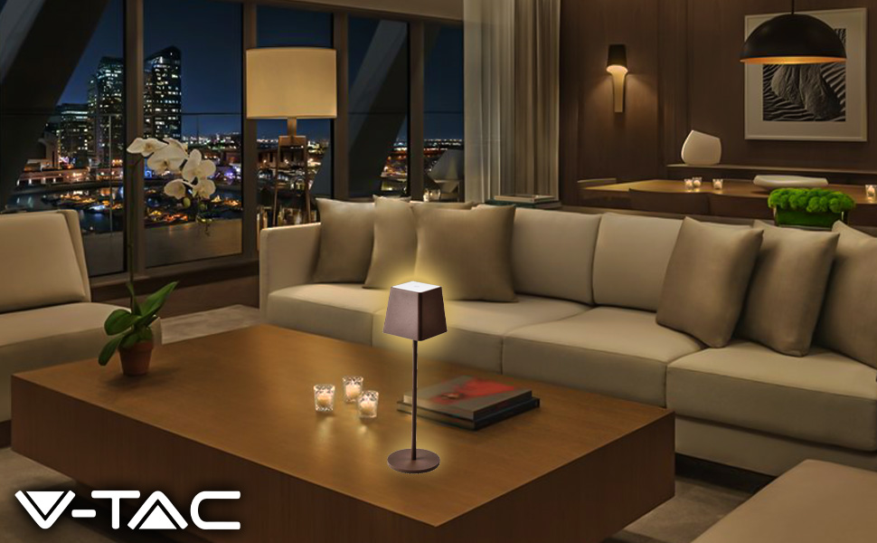 LED настільна лампа V-TAC з бездротовим живленням, сенсорне керування, акумулятор 4400 mAh, тепле світло 3000K, IP54, коричневий колір, для дому та вулиці