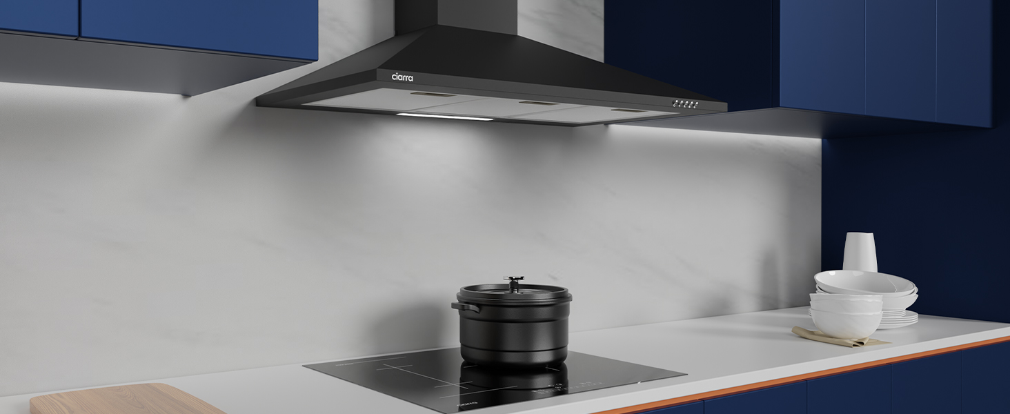 Витяжка для кухні CIARRA CBCS6201 A++ пірамідальна, нержавіюча сталь, 90 см, 404 м³/год, з вугільним фільтром CBCF002X2, режим відведення та рециркуляції