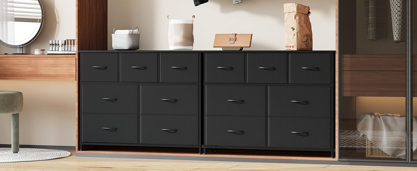 Комод Somdot з висувними ящиками, тканинний комод, комод для спальні, вітальні, прихожої, шафа для зберігання, 5 тканинних ящиків, білий колір, штучна шкіра (чорний, 30T x 100B x 74.5H см (7 ящиків))