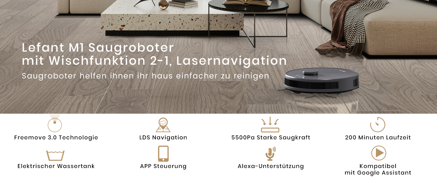 Робот-пилосос LEFANT M1 з функцією миття, 5500Pa, 200хв роботи, мапінг, зони заборони, для шерсті тварин, килимів та твердих підлог