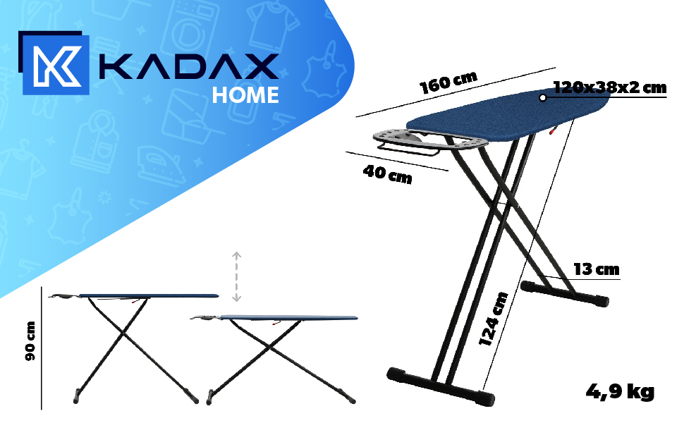 Прасувальна дошка KADAX 120x38 см, регульована по висоті, складна, протиковзкі ніжки, піна 8 мм, темно-синій