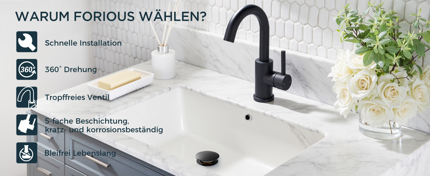 Змішувач для ванної кімнати/кухні FORIOUS Hoch 360° з нержавіючої сталі, з можливістю повороту 175 мм, матовий чорний, з підключенням до гарячої та холодної води, для встановлення на мийку, преміум-якість