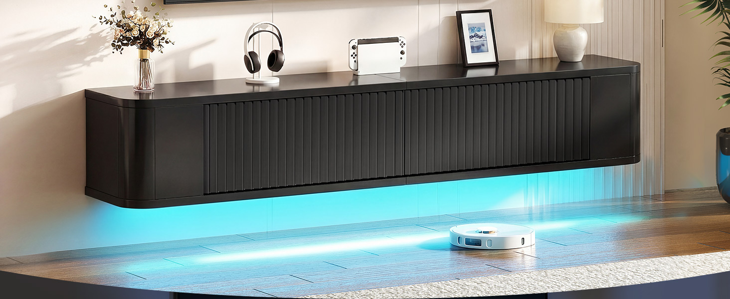 Підвісна тумба під телевізор YITAHOME 140 см з RGB підсвіткою, чорний глянцевий, настінна полиця для вітальні та спальні, великий об'єм зберігання 140x25x20 см