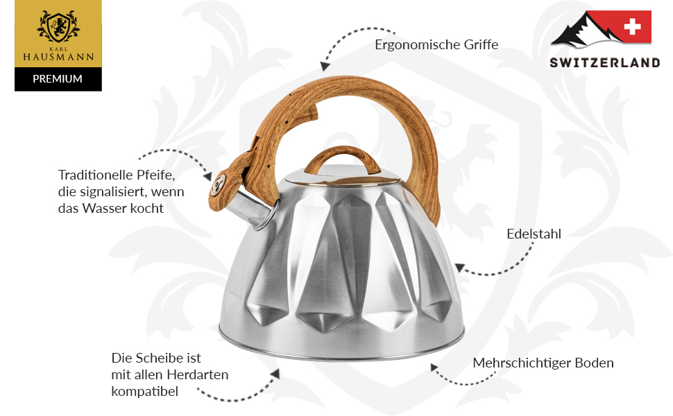 Чайник Karl Hausmann 3L з автоматичним свистком для індукційних, газових та електричних плит (нержавіюча сталь)
