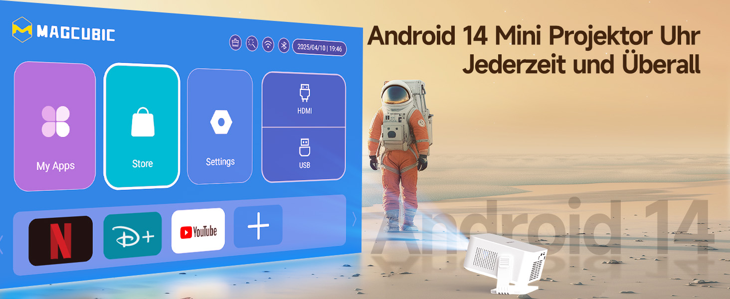 Magcubic HY300max Міні проектор 4K/8K з Android 14, WiFi 6, Bluetooth 5.4, Автофокус, для домашнього кінотеатру, білий