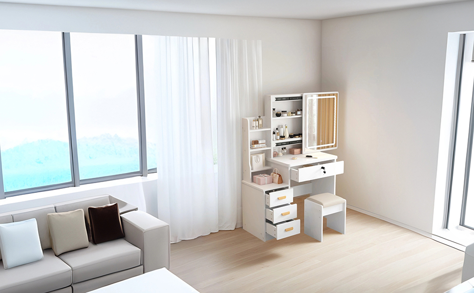 Трюмо YuYe з LED-підсвічуванням, регульованою яскравістю, дзеркалом, пуфом, 5 шухлядами та 3 полицями, сучасний комод для макіяжу з дерева, білий (125)