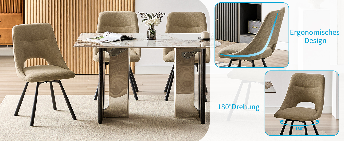Обідні стільці поворотні 4 шт., 180° обертання, м'яка тканина кашмір-бавовна, чорні металеві ніжки, для кухні, вітальні, їдальні, хакі, 4 шт.