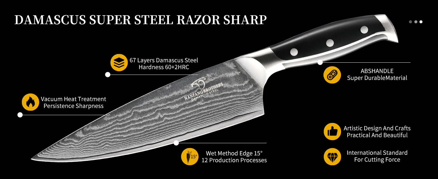 Набір кухонних ножів NANFANG BROTHERS 9 предметів з дамаської сталі, з дерев'яним блоком, нержавіюча сталь, сірий