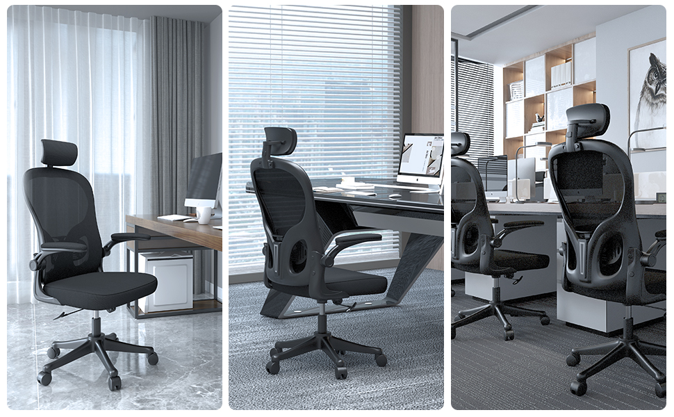 Офісний стіл Ergonomischer Bürostuhl з дихаючою сіткою, регульовані підлокітники, підголівник, поперекова підтримка, регулювання висоти, поворотний стілець на 360°, темно-чорний