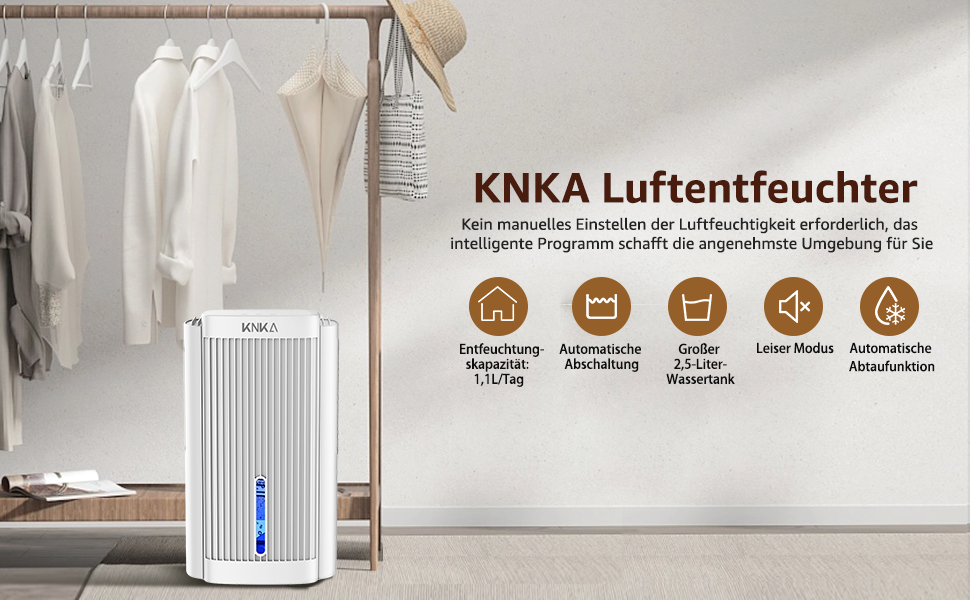 Електричний осушувач повітря KNKA, 1.1 л, тихий (28dB), з автовимкненням та нічним світлом