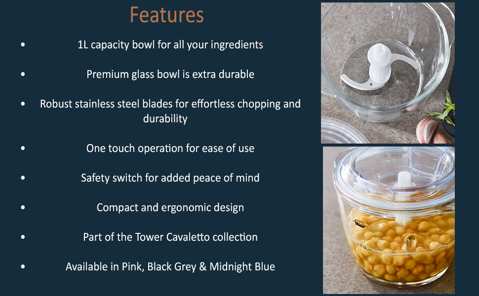 Подрібнювач для салатів Tower Cavaletto T12058MNB, 1 л, 350 Вт, Midnigth Blue & Roségold, для одноразового використання