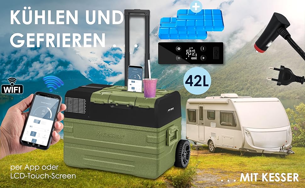 Автомобільний компресорний холодильник KESSER 42L з Wi-Fi, 12/24/230V, до -20°C, колеса, телескопічна ручка, хакі + 2 акумулятори холоду