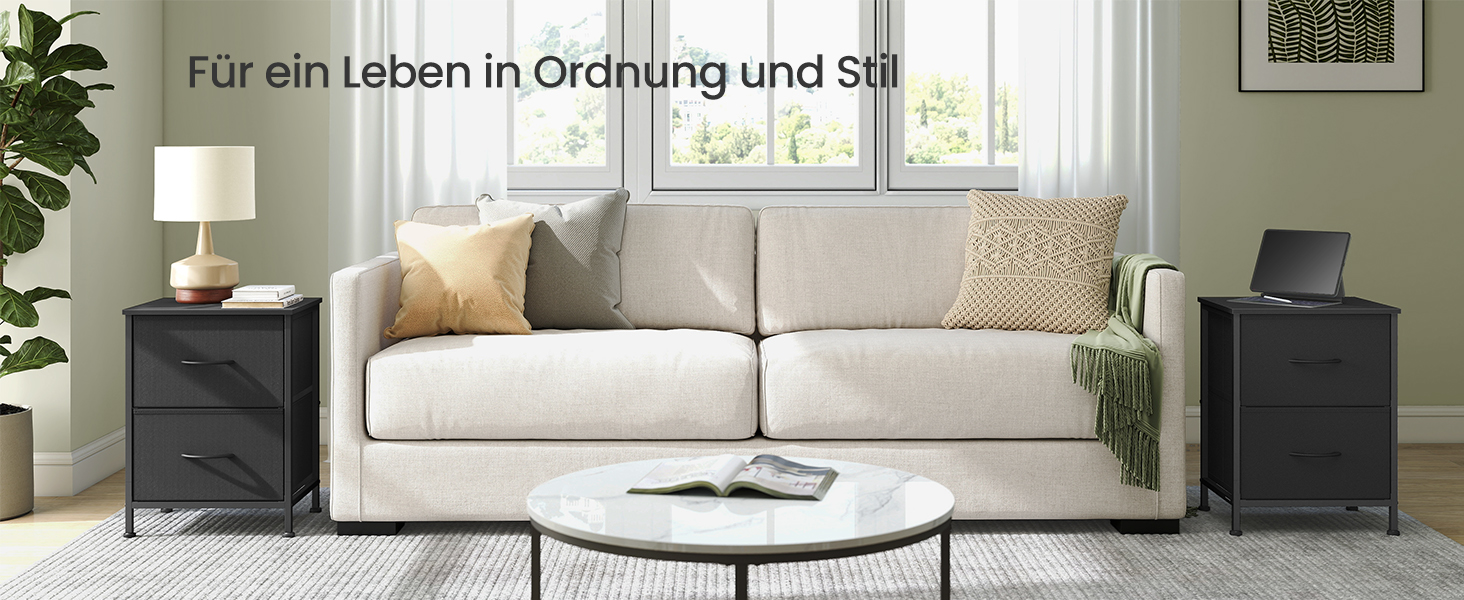 SONGMICS Комод з 2 висувними ящиками, шафка для зберігання, сталь, MDF, тканина, для спальні, прихожої, вітальні, чорний, LGS312BH03