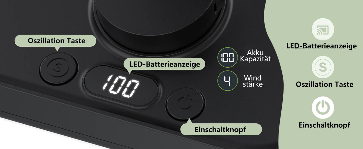 Вентилятор настільний USB портативний акумуляторний Leise 4000mAh, 4 швидкості, LED-дисплей, чорний