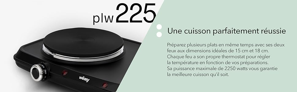 Електрична варильна поверхня Wasy Mobile на 2 конфорки PLW225, електрична плита, подвійна чавунна конфорка з 2 термостатами 15 см і 18 см, регульована температура, легке очищення, 2250 Вт