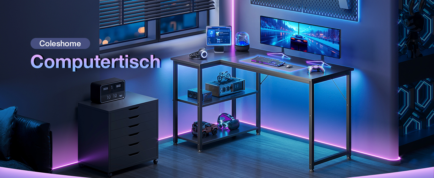 Ігровий стіл Coleshome 120x70 см, кутовий, з відкидною полицею, чорний