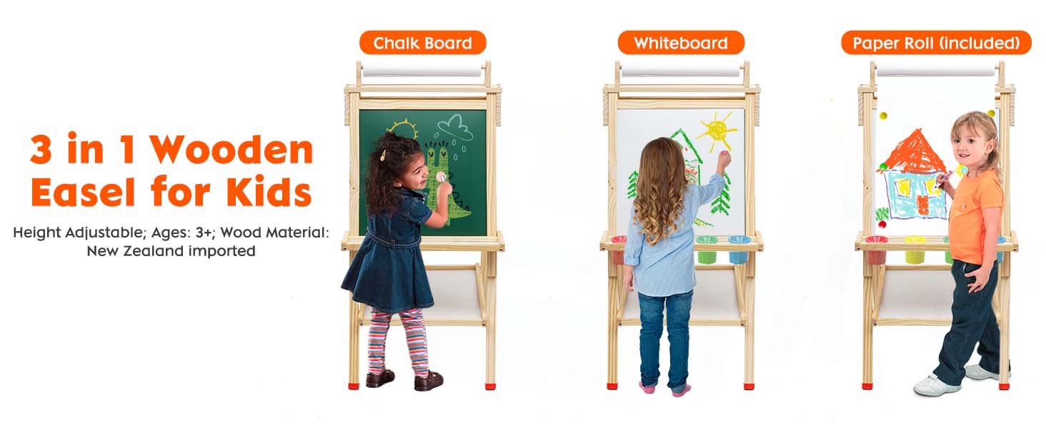 Дитяча мольберт Kinder з паперовою рулонкою, двостороннє Whiteboard та крейдяна дошка, мольберт для малювання з цифрами та аксесуарами, регульована висота, з підстаканником, білий