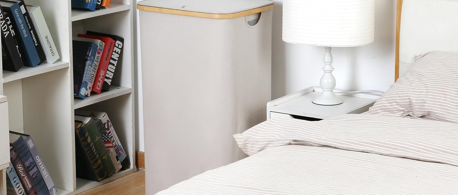 Кошик для білизни з кришкою Efluky, 100 л, блакитний, XL, з бамбуковими ручками та внутрішніми кишенями для сортування