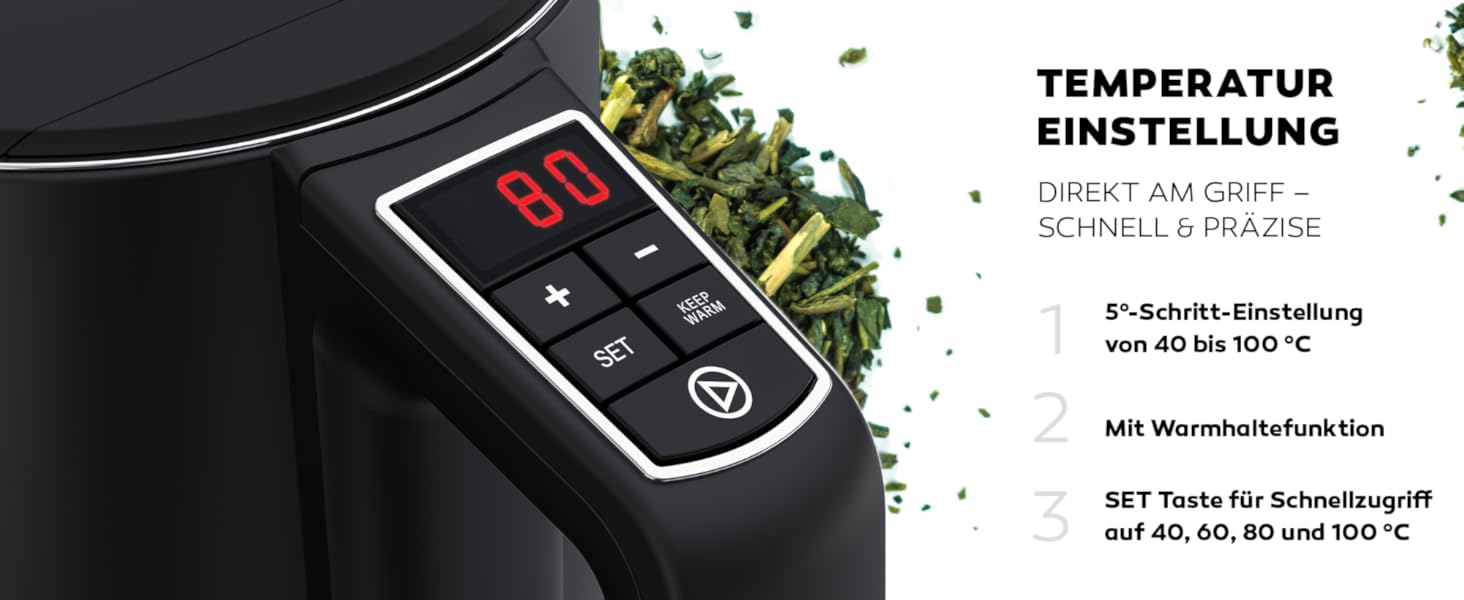 Електричний чайник BALTER з регулюванням температури, 1.5L, 2200W, білий/чорний, нержавіюча сталь, подвійні стінки, BPA free, бездротовий