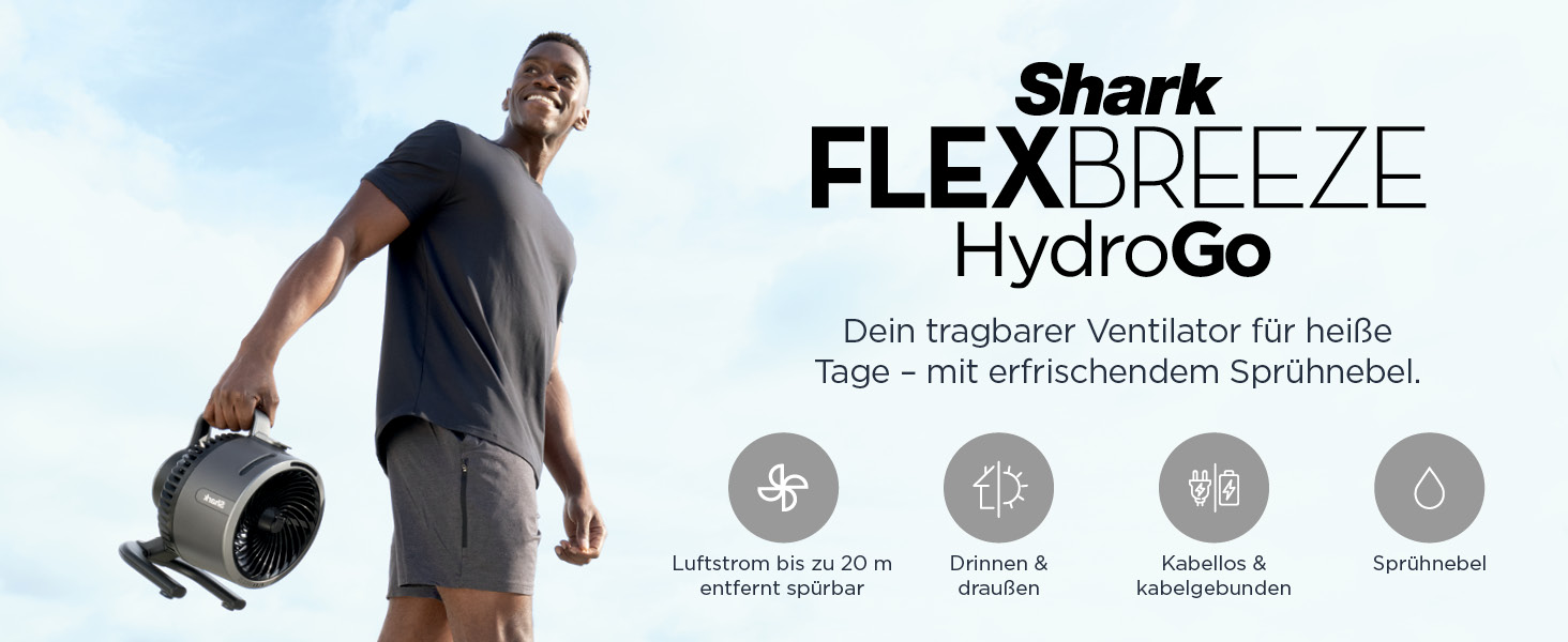 Портативний освіжувач повітря Shark FlexBreeze HydroGo з бризком, безшумний, для дому та вулиці, легкий, з регульованим потоком повітря до 20 м, з фільтром FA050EU