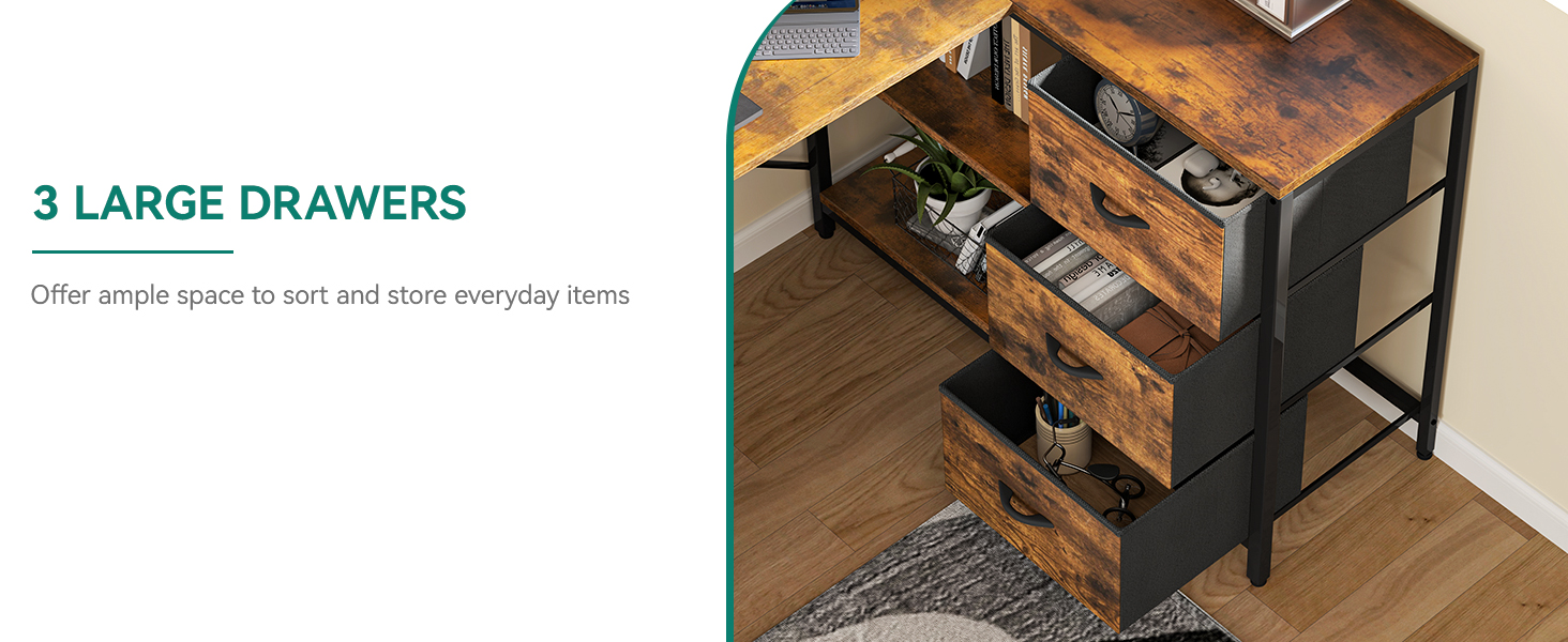 Стол YITAHOME L-подібний з USB-портом та розеткою, 140x100 см, 4 шухляди, полиця, для офісу, коричневий