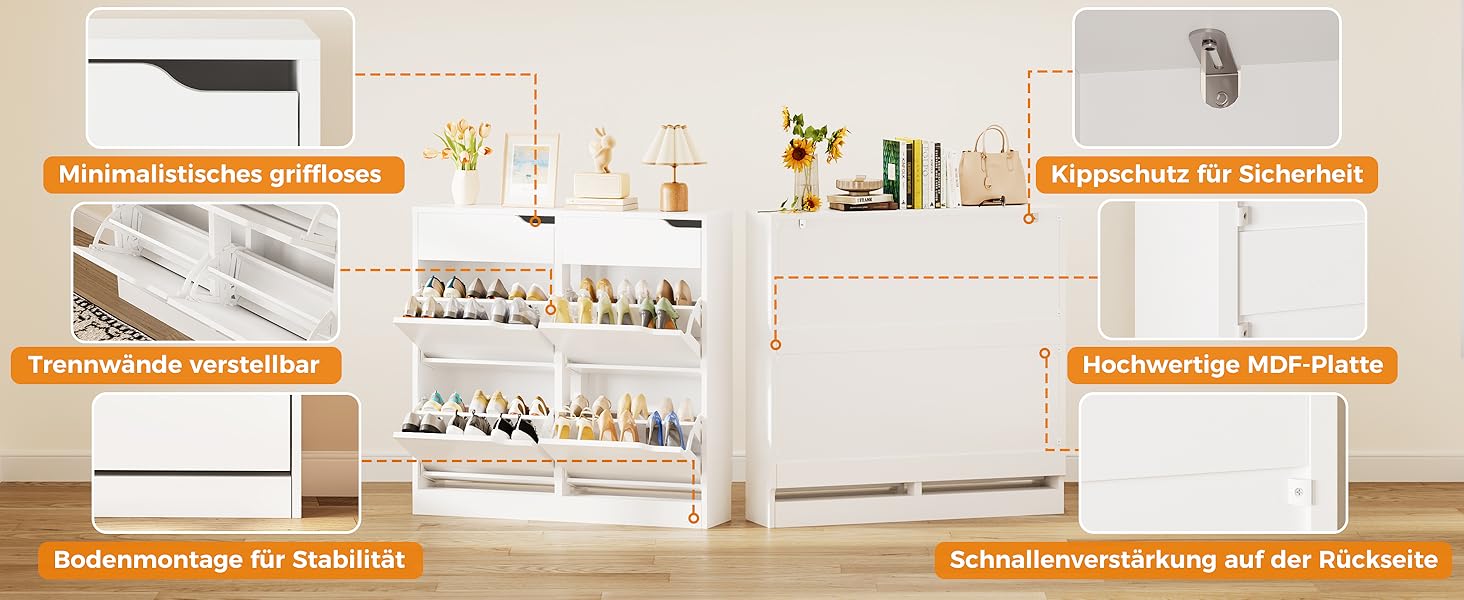 Шкаф для взуття IRONCK з 4 дверцятами, вузький, з 2 висувними ящиками, окремо розташований, з регульованими перегородками, для передпокою, входу та вітальні (Білий) 100*23.5*98 см, Білий