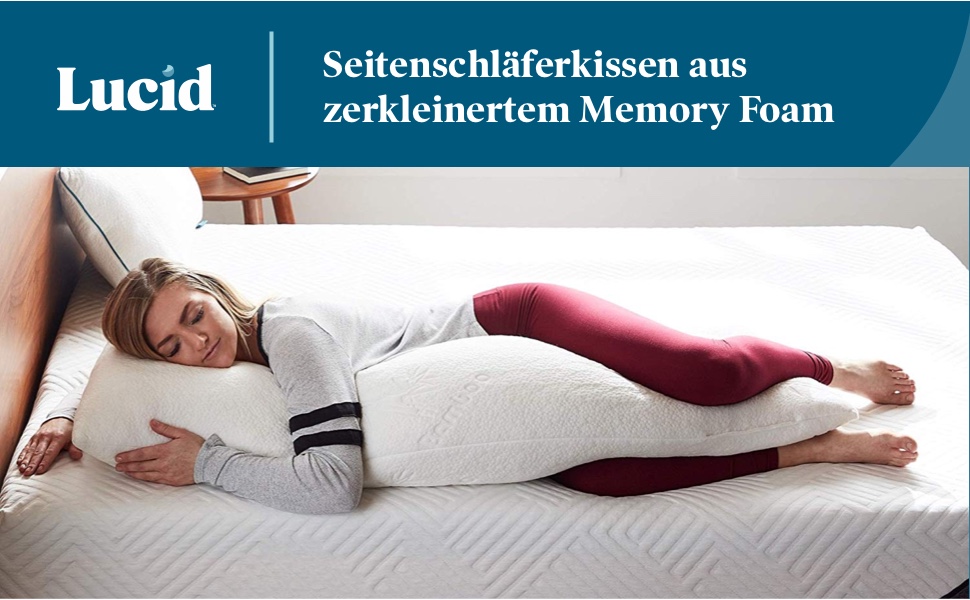 Подушка для вагітних та сну на боці LUCID з ефектом пам'яті (Memory Foam), м'який бамбуковий чохол, біла