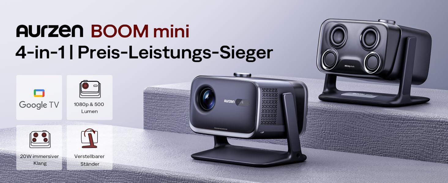 Проектор Aurzen Boom Mini 4-в-1 з Google TV, 4K, 20W Dolby Audio, Wi-Fi, Bluetooth, для дому та на вулицю, автоматичне фокусування, корекція трапецеїдальних спотворень, 500 ANSI люмен (Чорний)