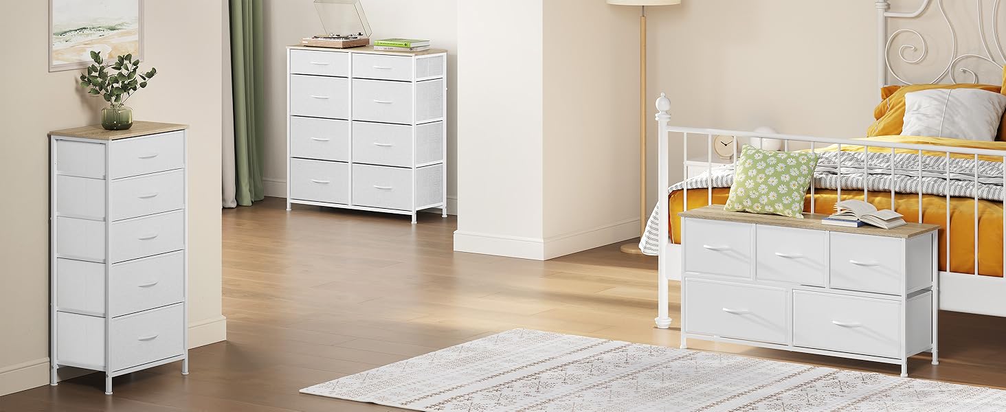 Комод WOLTU з 5 висувними ящиками з тканини, шафа-комод, тумба під TV, для вітальні, спальні, передпокою, з металевим каркасом та ДСП, білий, SSK005ws, білий, 5 тканинних ящиків