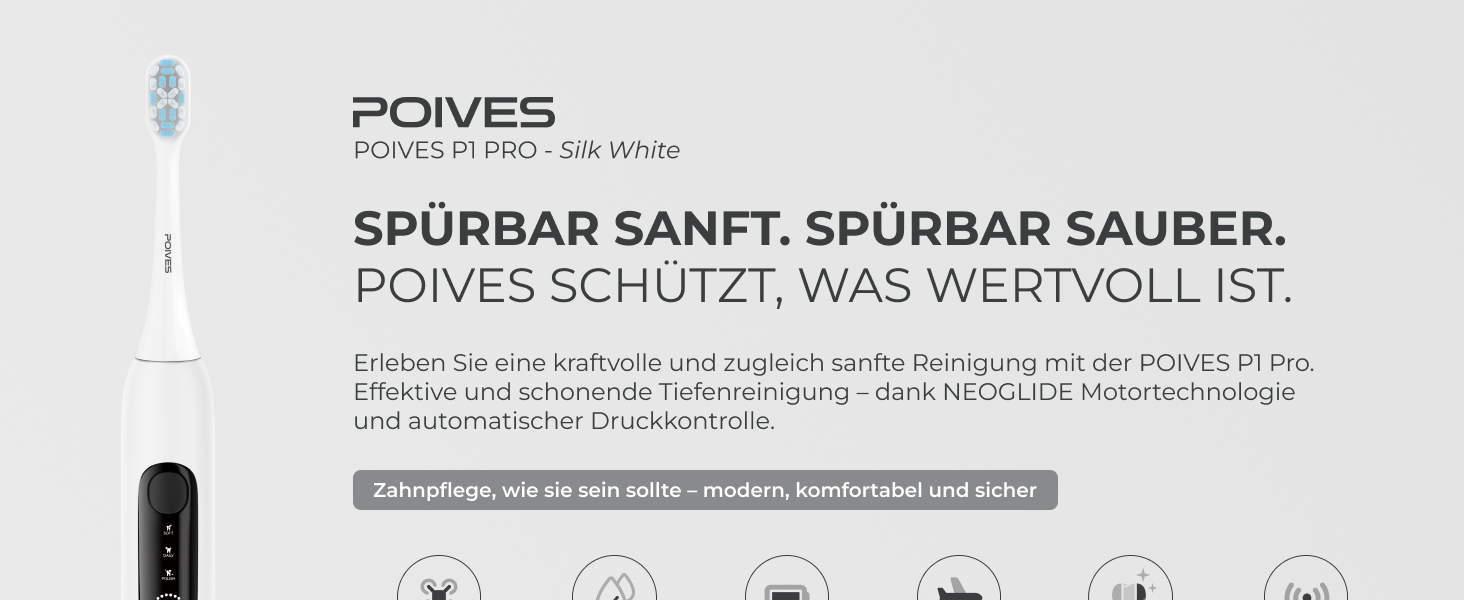 Електрична зубна щітка POIVES P1 Pro з датчиком тиску, 72 000 рухів, гарантія до 4 років, 111 днів без ризику, тривалий час роботи, колір Midnight Blue (P1 Pro Silk White)