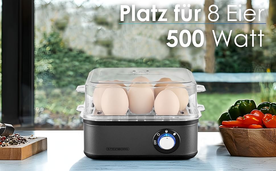 Електричний яйцеварка на 1-8 яєць з підігрівом, з нержавіючої сталі, 500 Вт, 3 ступені нагріву, без BPA, придатний для миття в посудомийній машині, LED-перемикач, міцний та довговічний