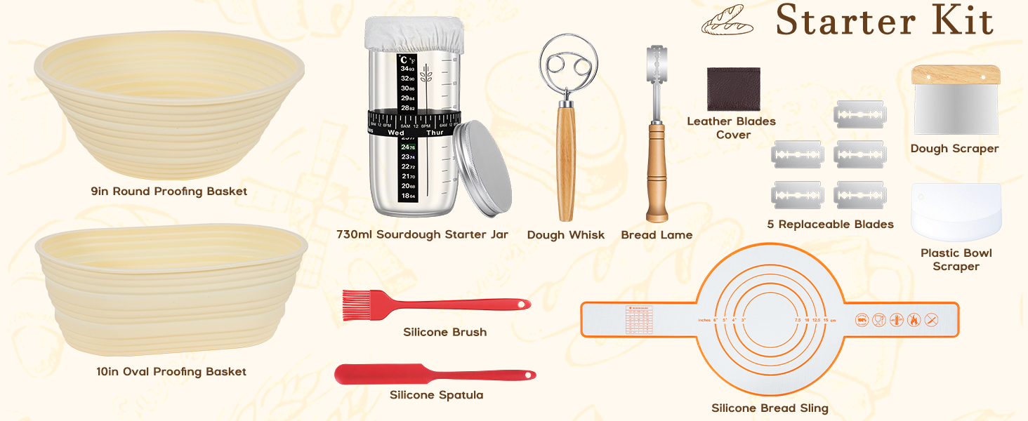 Набір для закваски з 19 частин: 2 гнізда для бродіння з силікону (23см та 25см), скляна тара для закваски, аксесуари для випічки, подарунок для початківців та професіоналів
