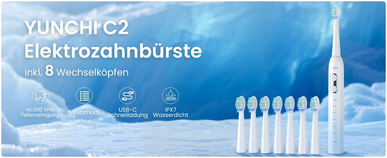 Електрична зубна щітка YUNCHI - звукова, для дорослих та дітей, 40000 VPM, USB-C, 5 режимів, 8 насадок + чохол, блакитна