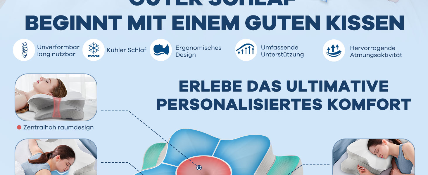 Подушка з піною з пам'яті DONAMA: ергономічна подушка для шиї, для сну на боці, спині та животі (сіро-біла, 63 x 38 x 14 см)