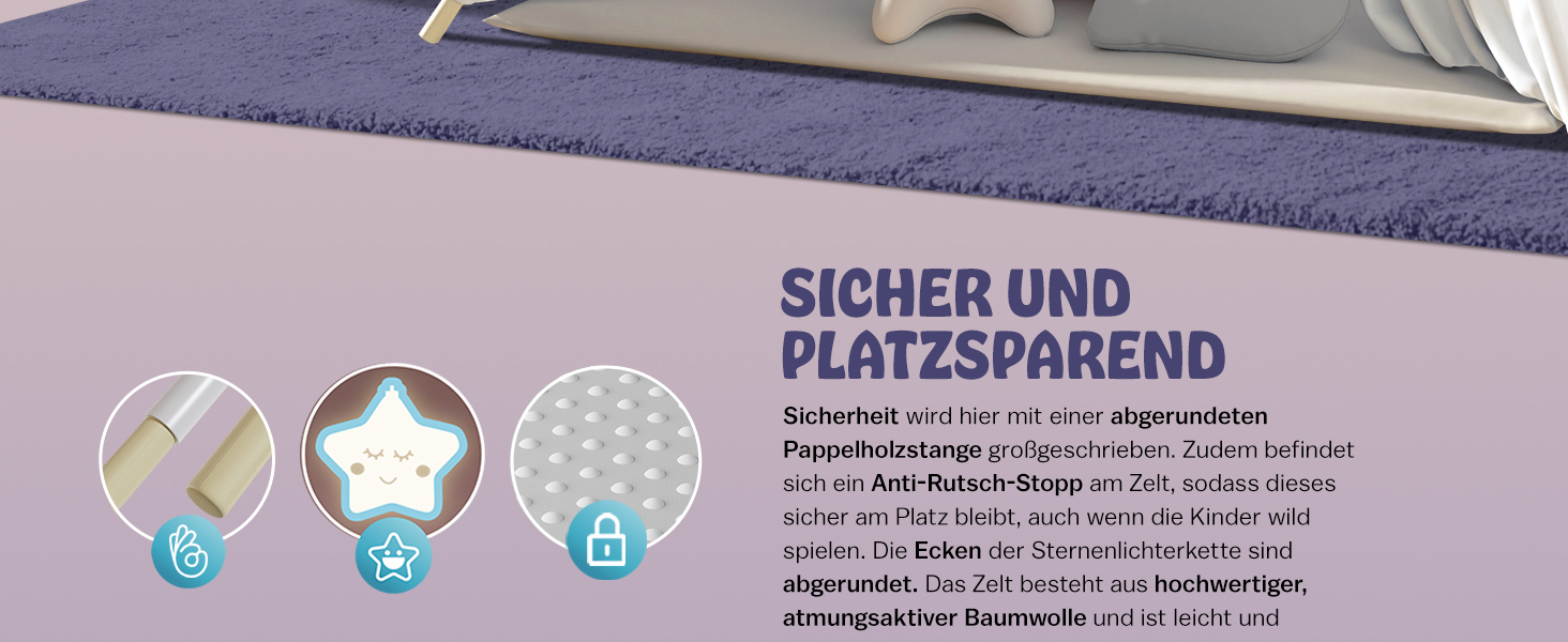 Дитяче намет-тіпі Spielwerk® з килимком, гірляндою та подушками. Намет для гри в приміщенні, 130x130 см, бавовна, дерево.